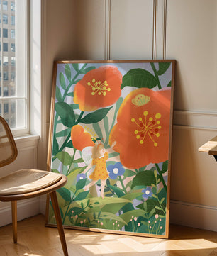 Whimsical illustration of a fairy child in a vibrant floral landscape