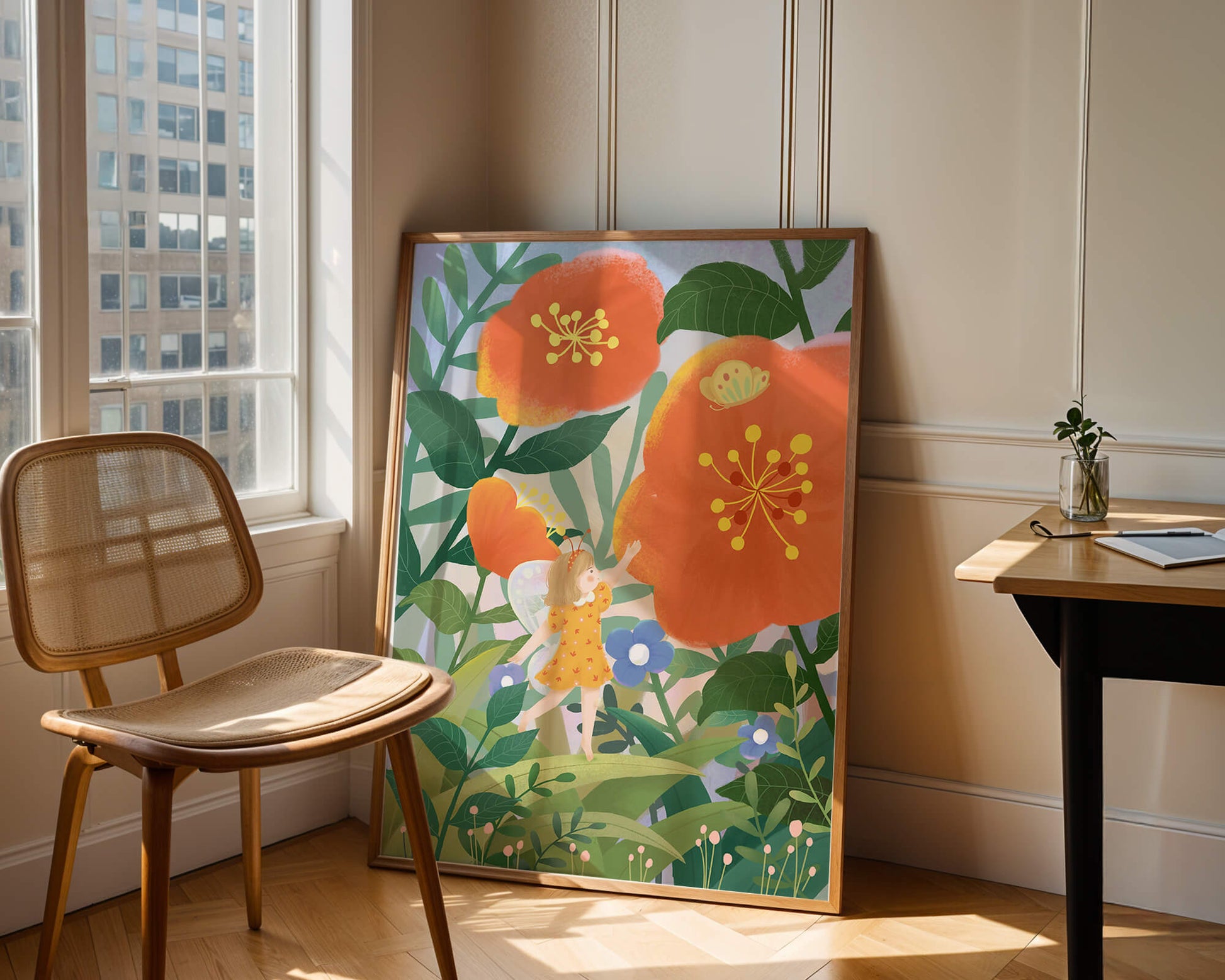 Whimsical illustration of a fairy child in a vibrant floral landscape