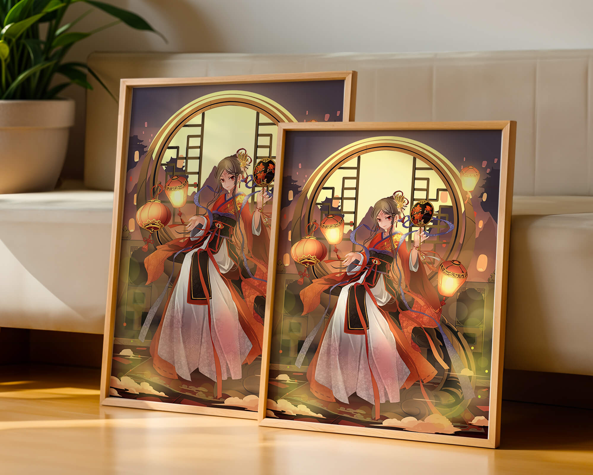 Elegant Asian-inspired fantasy artwork with lanterns