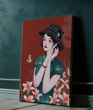 Elegant woman in vintage attire with floral hat and lilies