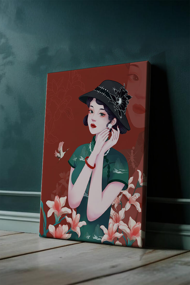 Elegant woman in vintage attire with floral hat and lilies