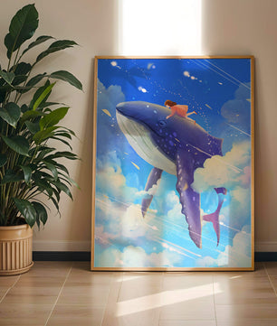 Illustration onirique d'une fille chevauchant une baleine à travers le ciel