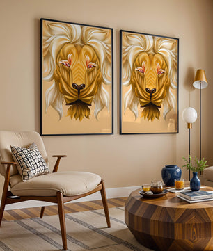 Lion Face with Intricate Golden Pattern and Flowing Mane