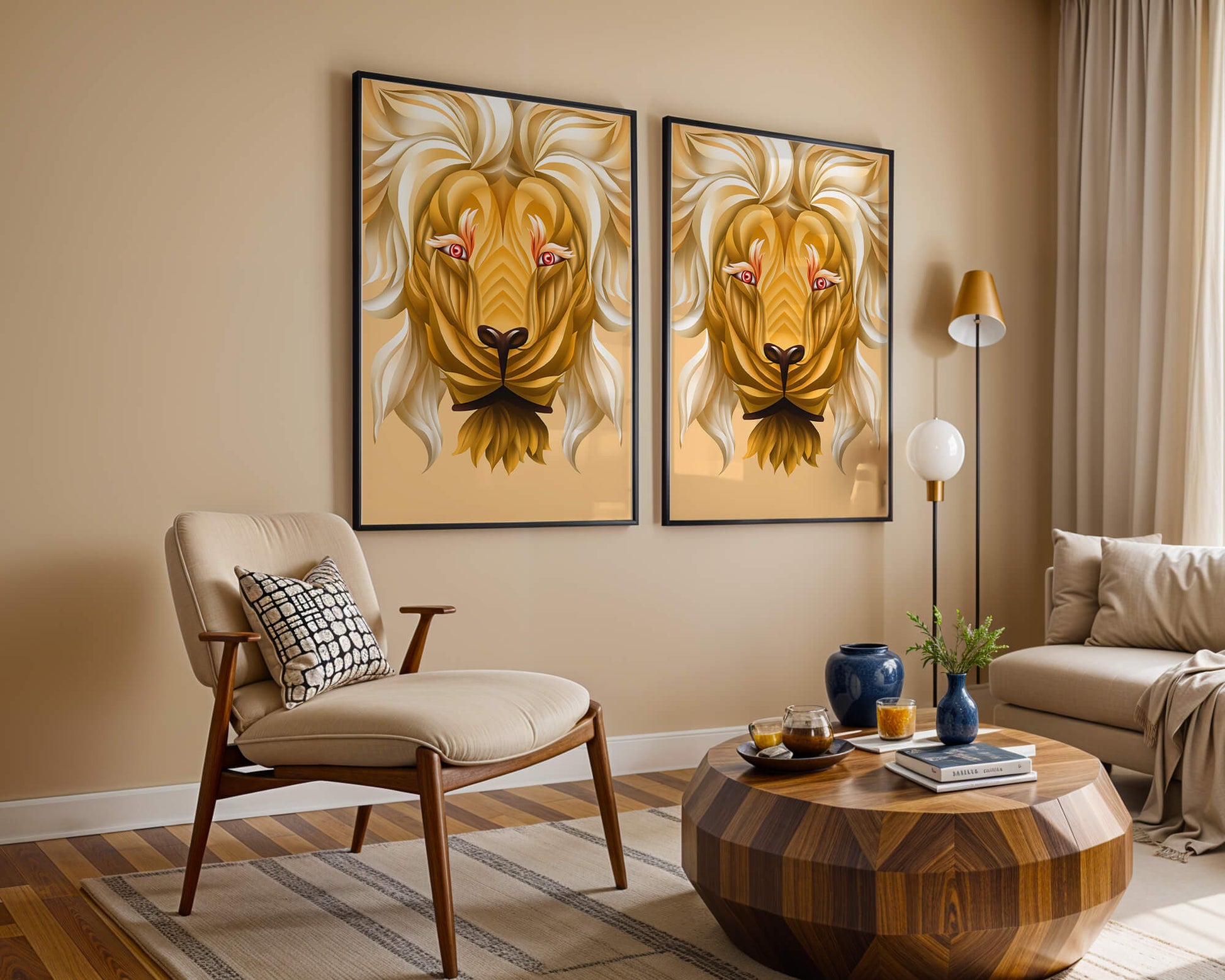 Lion Face with Intricate Golden Pattern and Flowing Mane