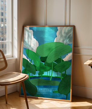 Serene landscape with lush green leaves and blue horizon