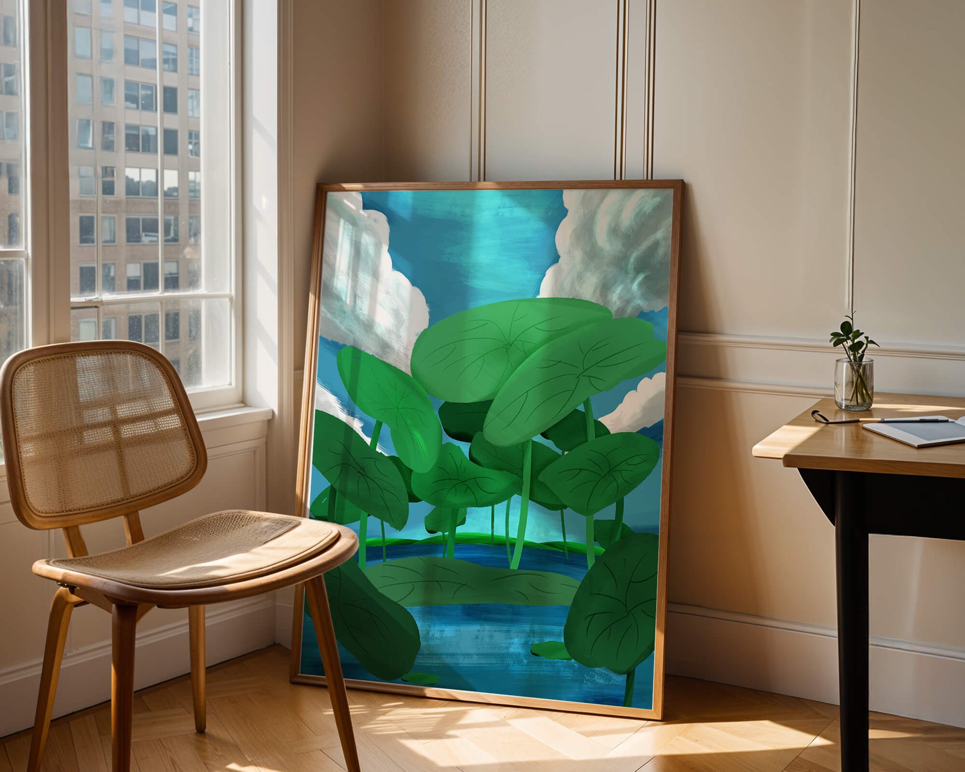 Serene landscape with lush green leaves and blue horizon