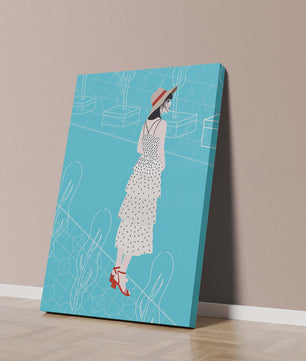 Stylish woman in polka dot dress with hat in modern abstract scene
