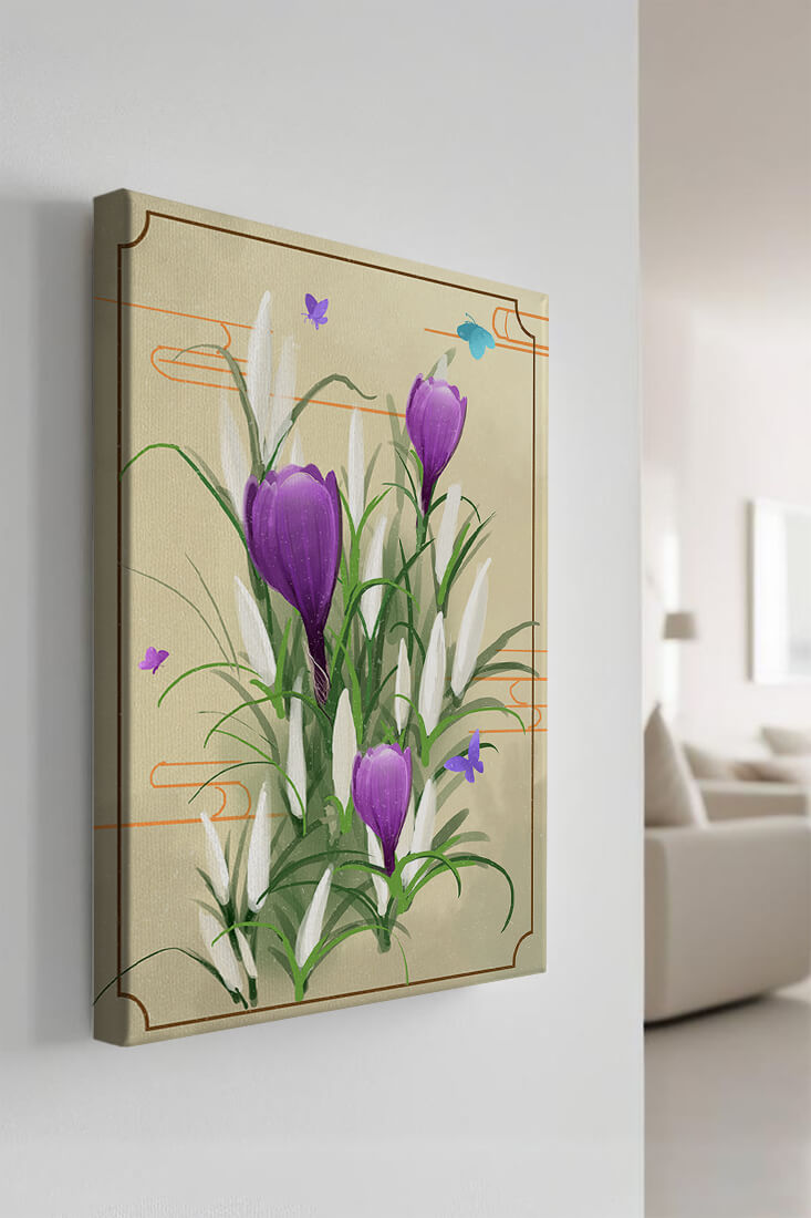 Elegantes flores de azafrán con mariposas en un marco delicado