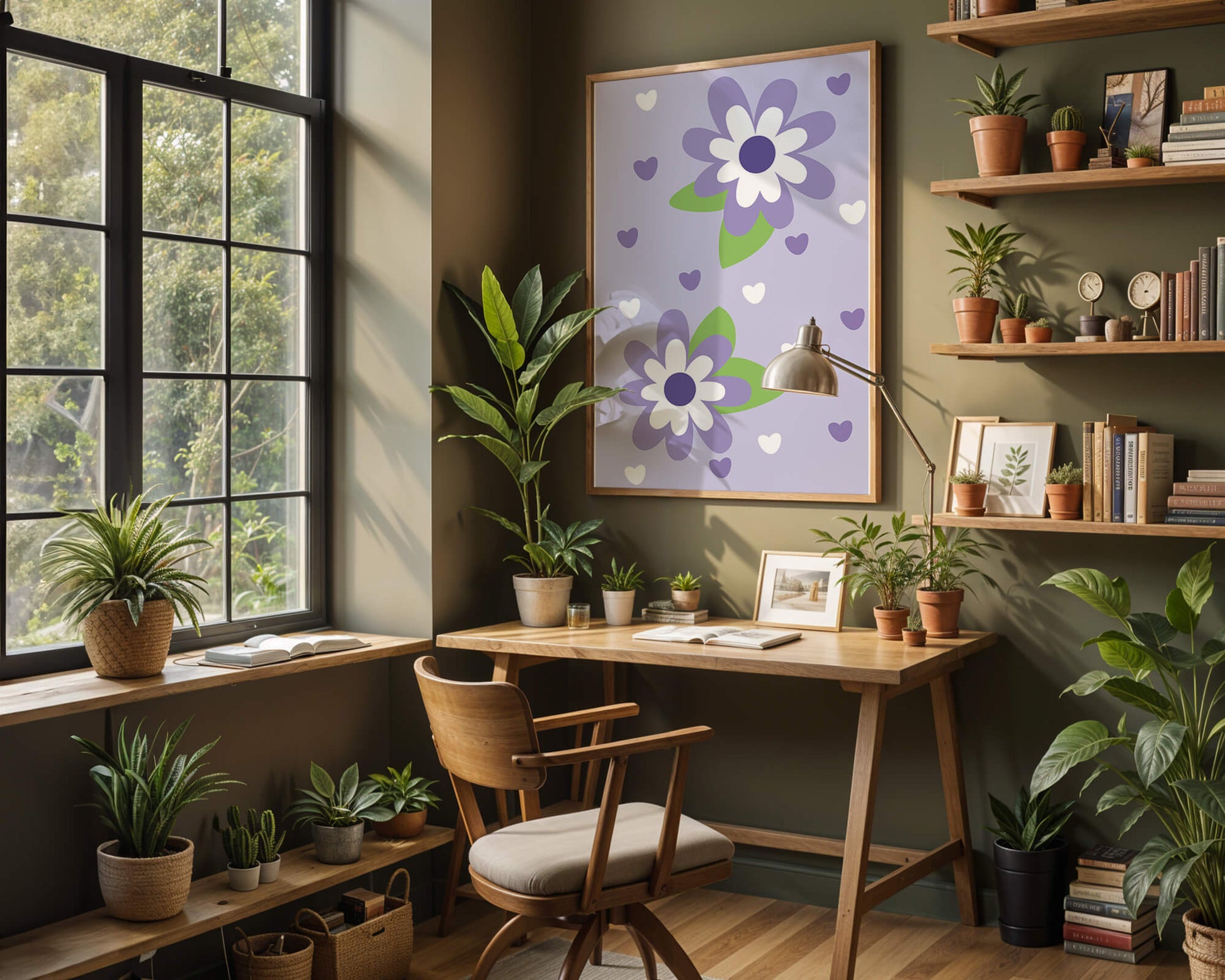 Elegant purple floral pattern with green leaves and heart accents