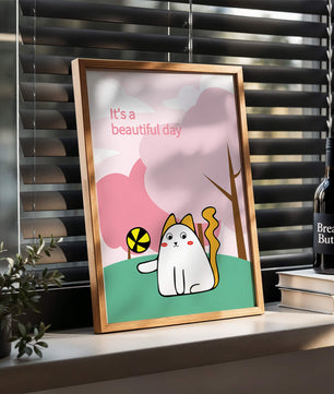 Illustration charmante de chat dans une scène de parc ludique avec des arbres et des nuages.
