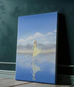 Woman in yellow dress standing on reflective water against clear sky