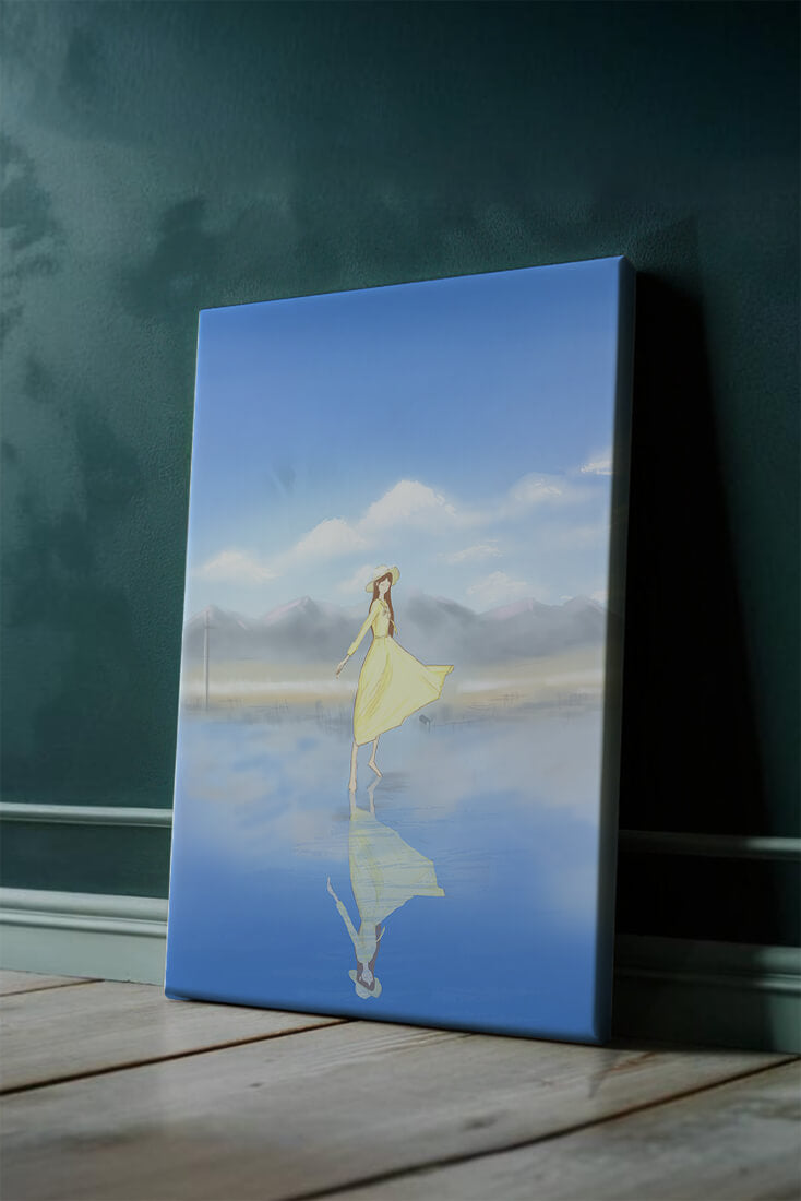 Woman in yellow dress standing on reflective water against clear sky