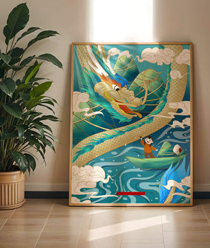 Colorful dragon and child illustration with vibrant waves and clouds