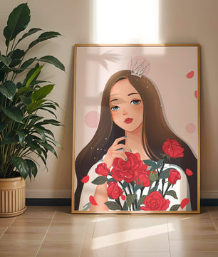 Illustration d'une fille animée avec une couronne et des roses