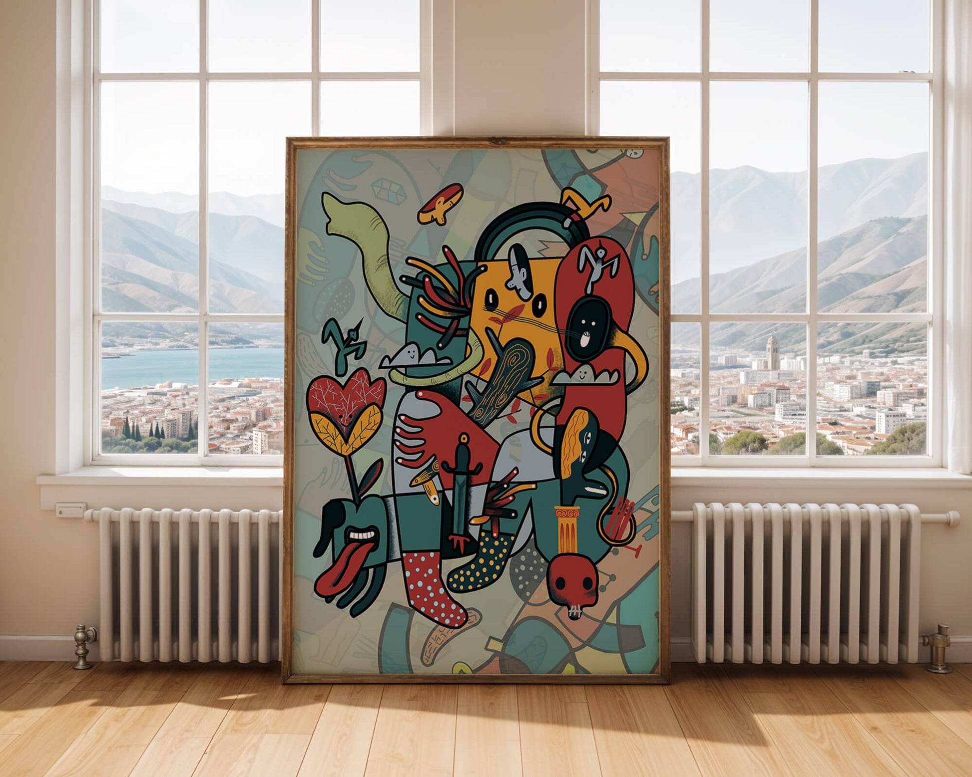 Composición artística surrealista abstracta con colores vibrantes