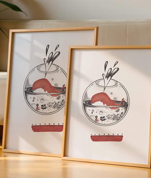 Ilustración de una ballena dentro de una pecera con una regla rosa