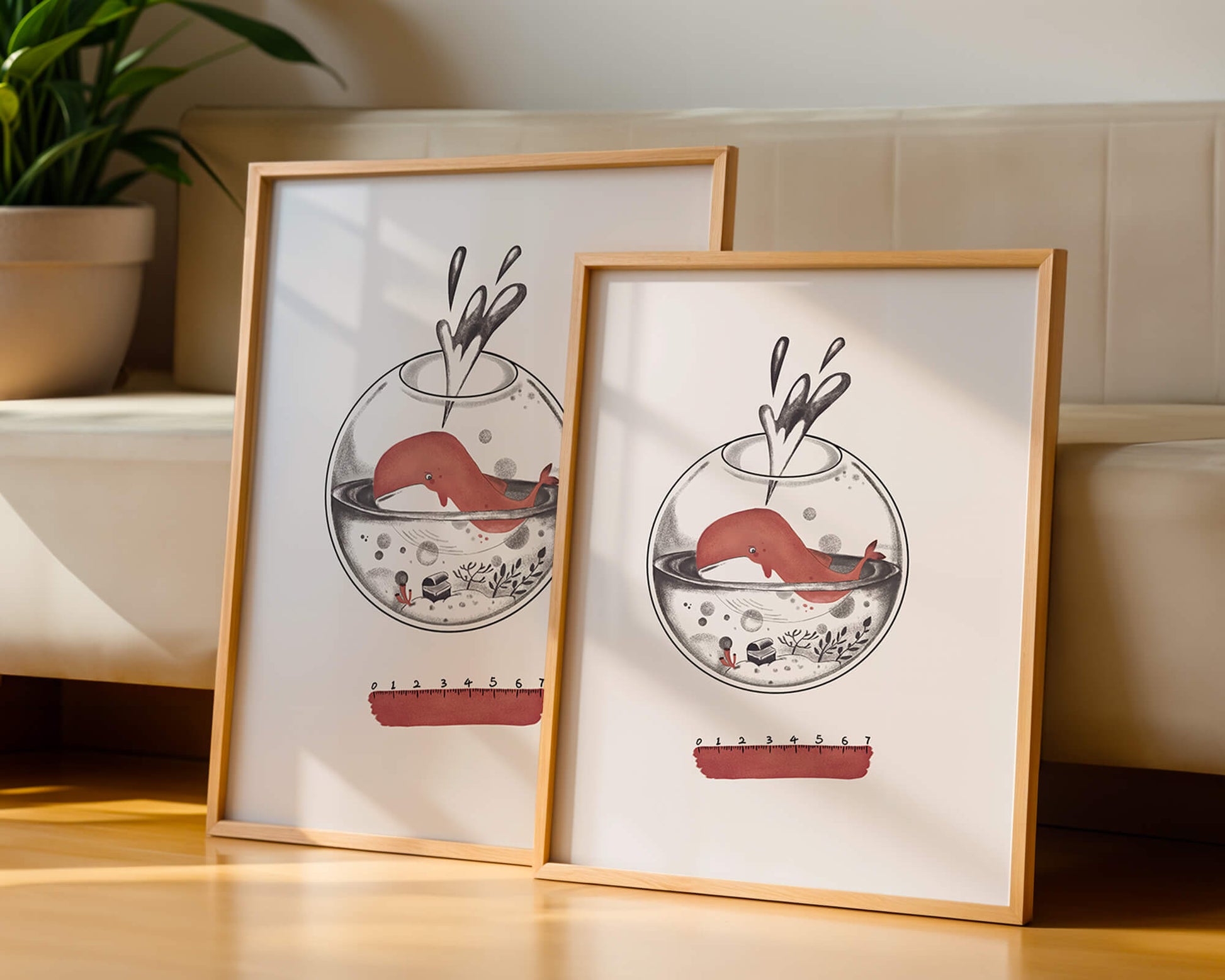 Illustration of a whale inside a fishbowl with a pink ruler