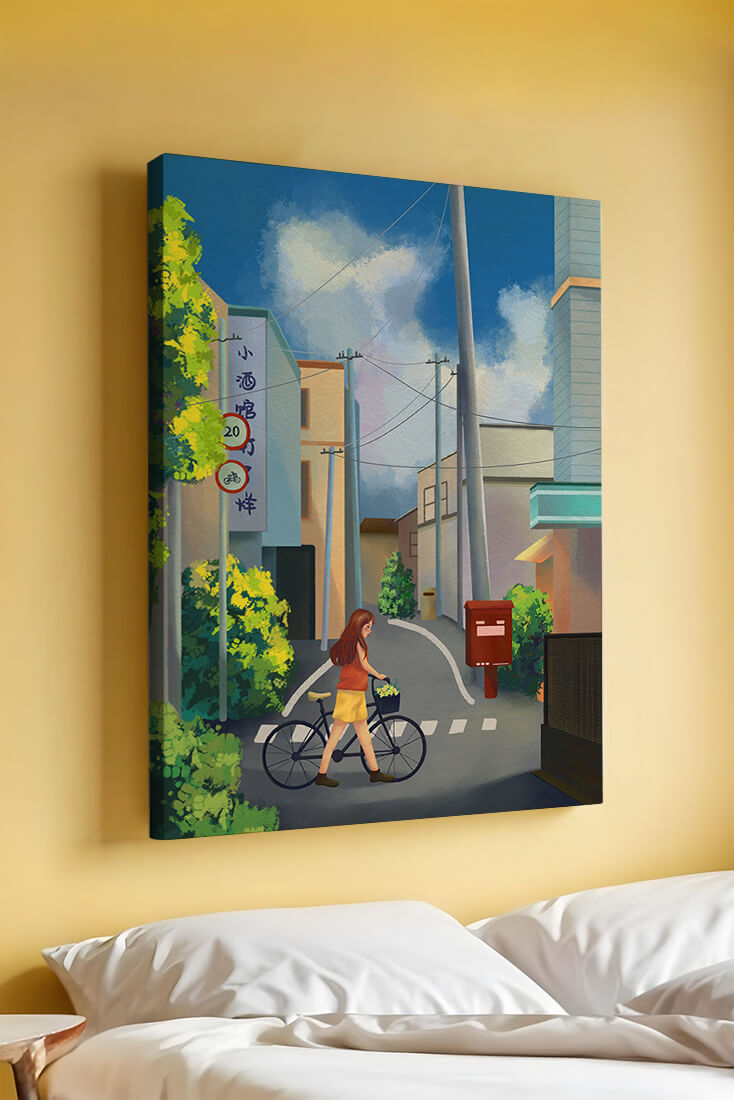 Young woman with bicycle in a quiet urban street