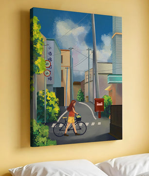 Young woman with bicycle in a quiet urban street