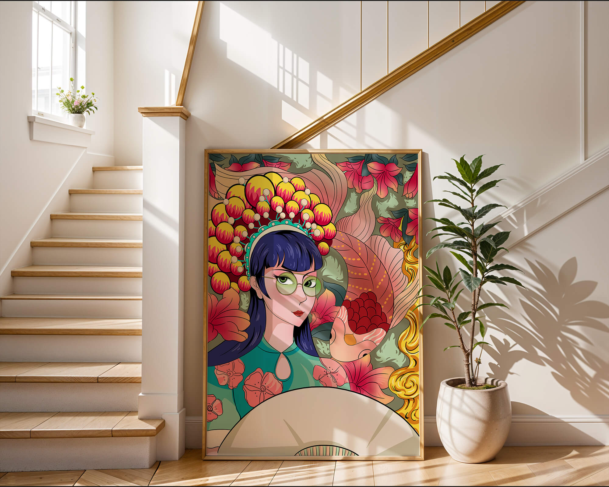 Colorful illustration of a woman with floral headdress and fish background