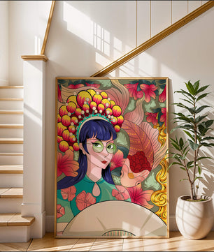 Illustration colorée d’une femme avec une coiffe florale et un fond de poissons