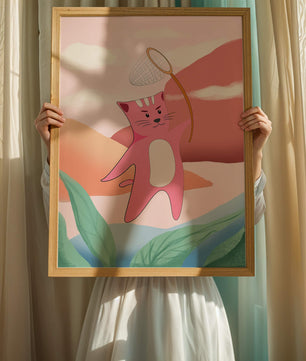 Pink Cat Holding Net in Whimsical Landscape