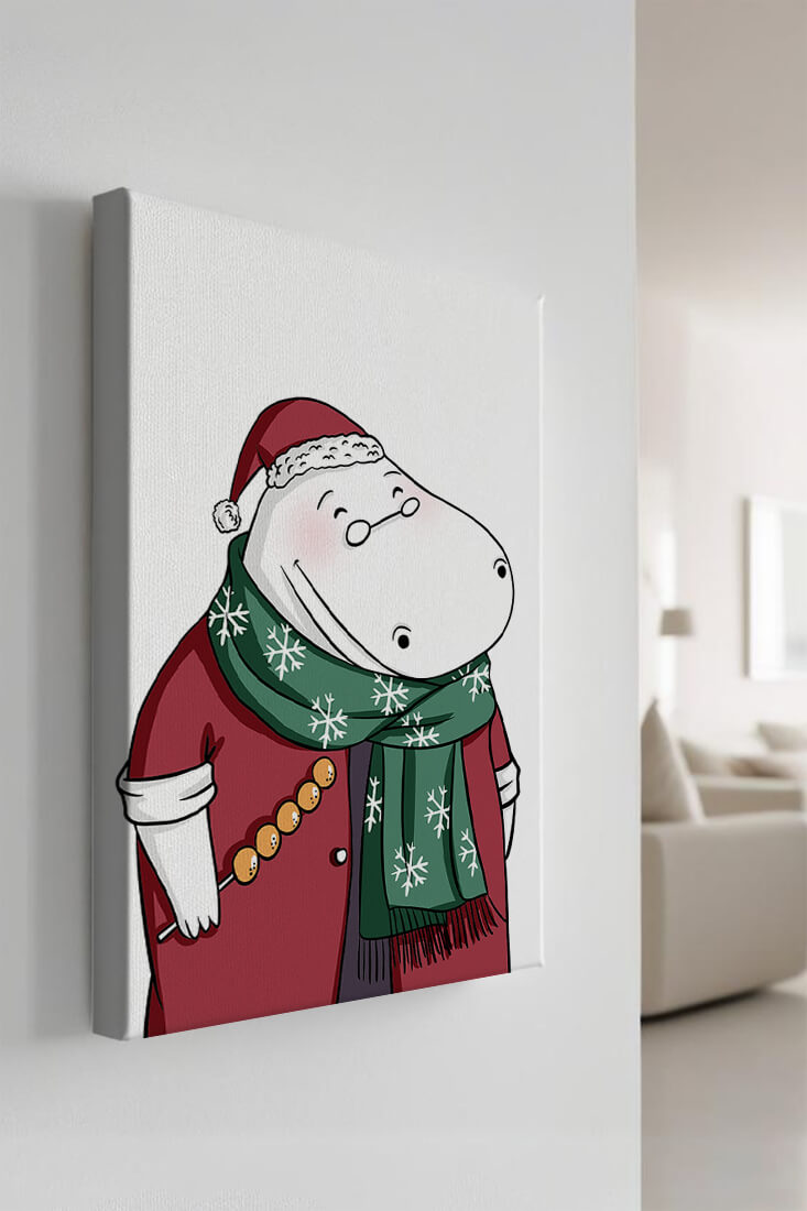 Festive hippo in a red outfit with a green snowflake scarf