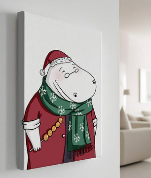 Festive hippo in a red outfit with a green snowflake scarf