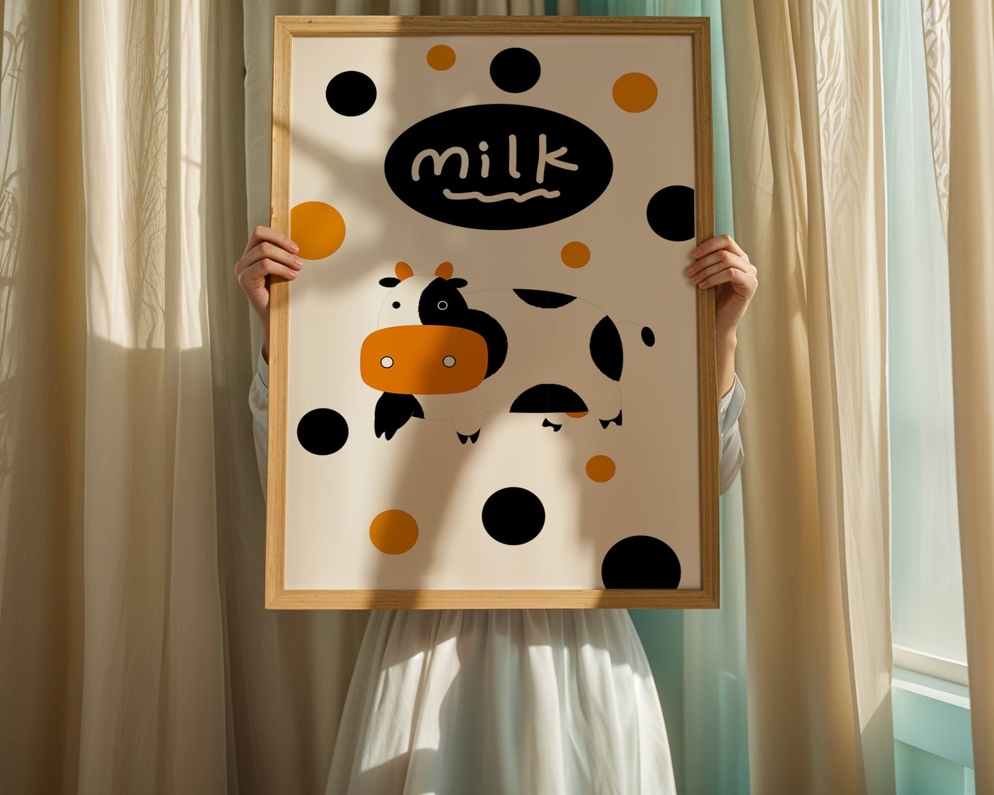Illustrated cow with modern design and abstract elements