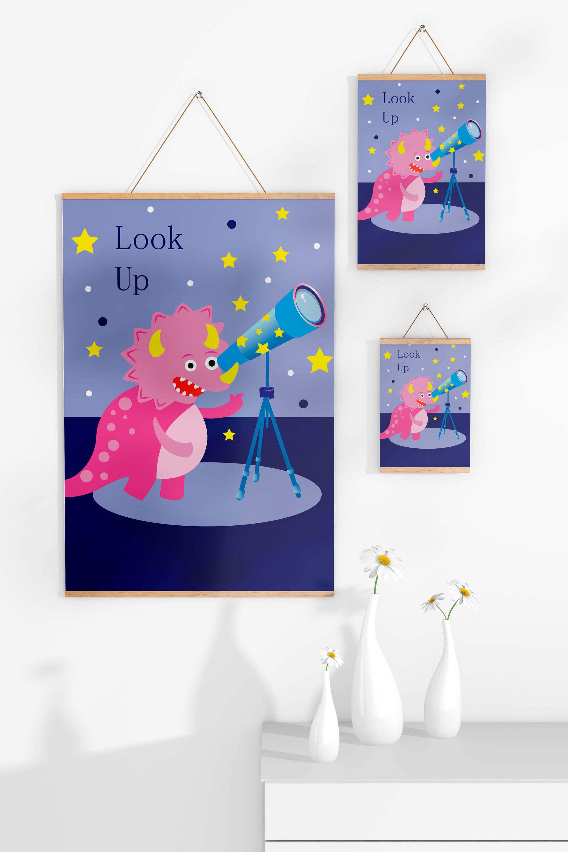 Pink cartoon dinosaur looking through a telescope with stars