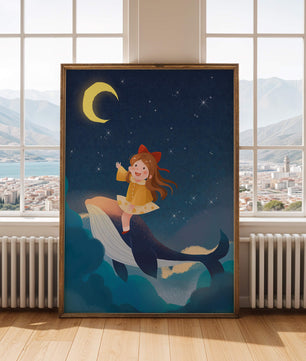Girl on a whale under starry night sky