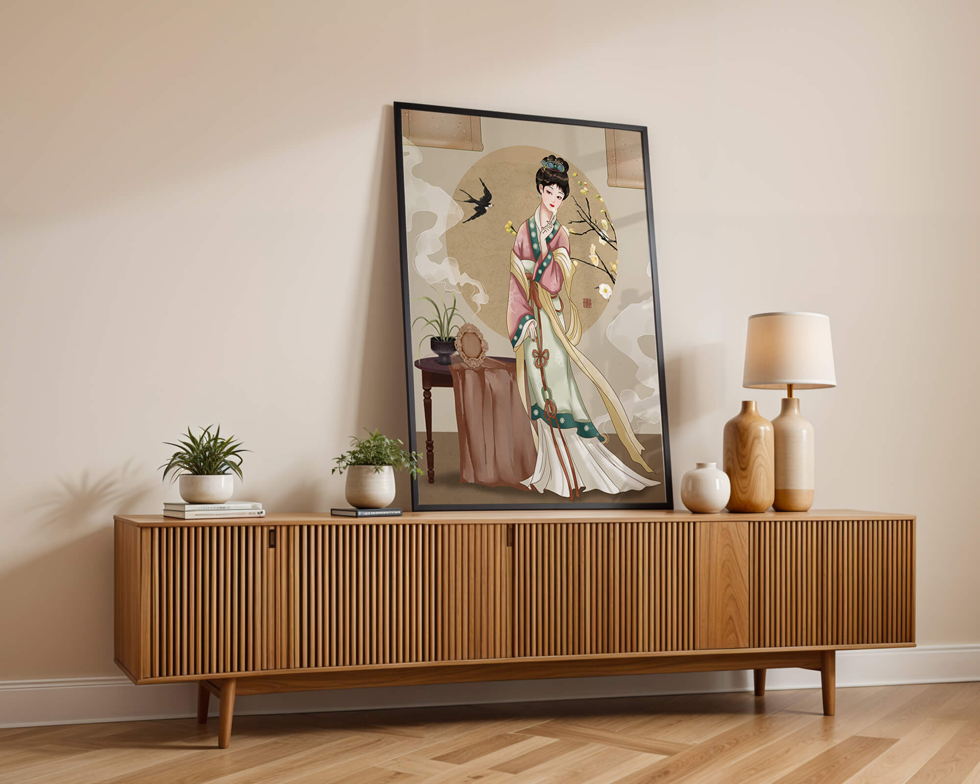 Elegant traditional Asian lady in classic attire with nature elements