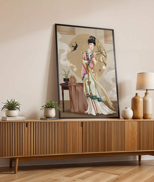 Elegante traditionelle asiatische Dame in klassischer Kleidung mit Naturelementen
