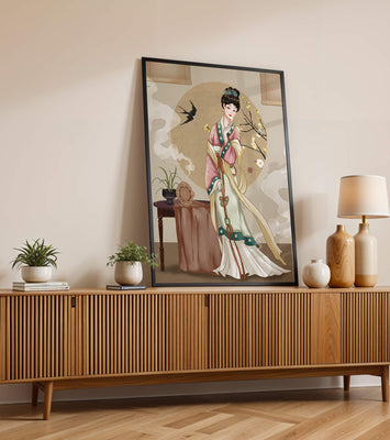 Elegant traditional Asian lady in classic attire with nature elements