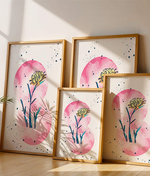 Abstract Floral Design with Pink Circles and Yellow Flower on White Background