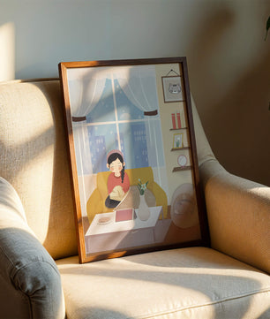 Cozy living room with a girl and a dog on a yellow sofa