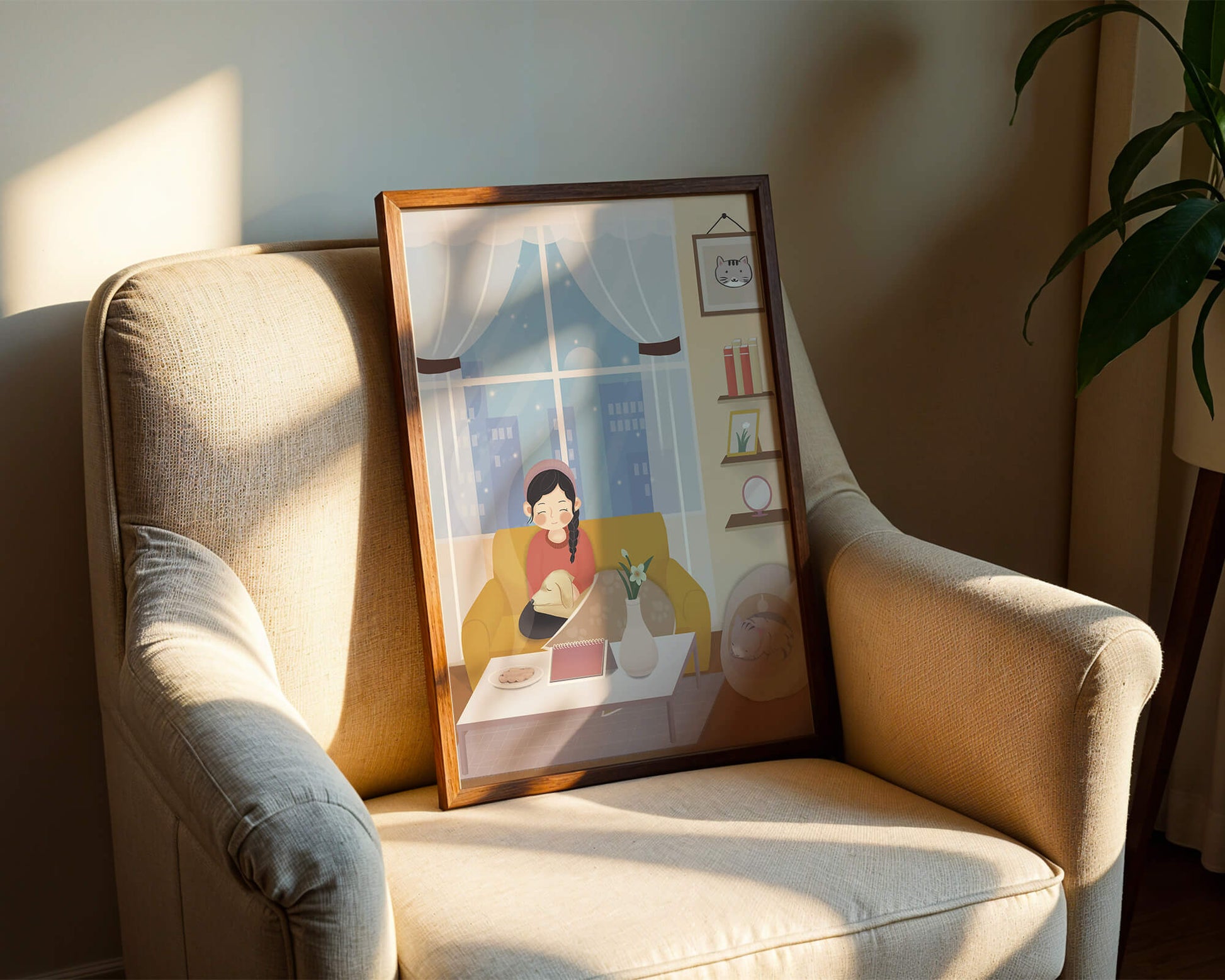 Cozy living room with a girl and a dog on a yellow sofa