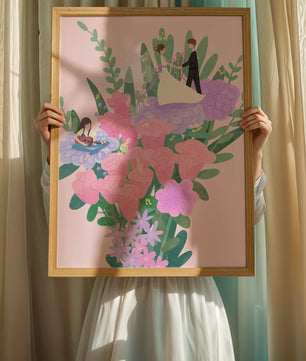 Whimsical wedding scene amidst colorful floral arrangement