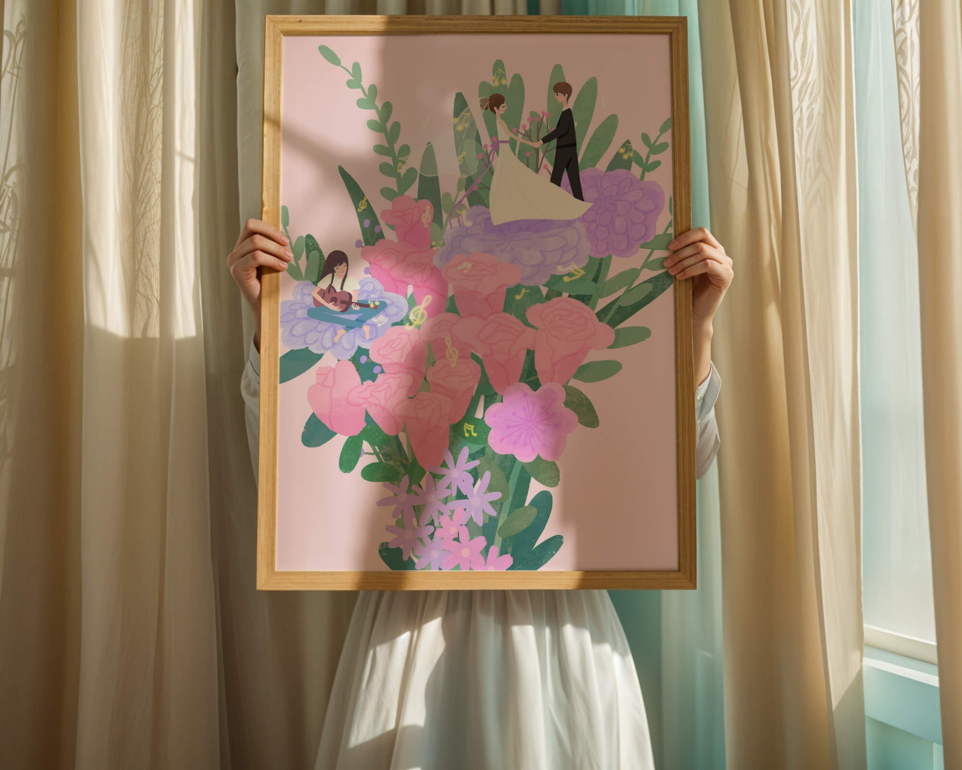 Whimsical wedding scene amidst colorful floral arrangement