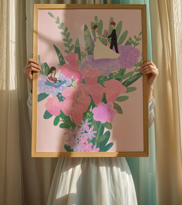 Whimsical wedding scene amidst colorful floral arrangement