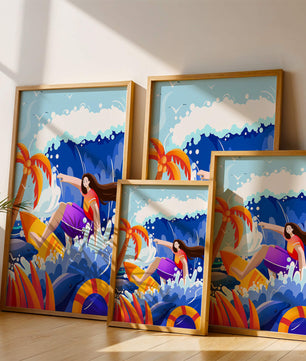 Ilustración de un surfista cabalgando una ola entre delfines y palmeras