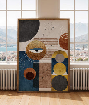 Obra de arte geométrica abstracta con elementos dorados y azules