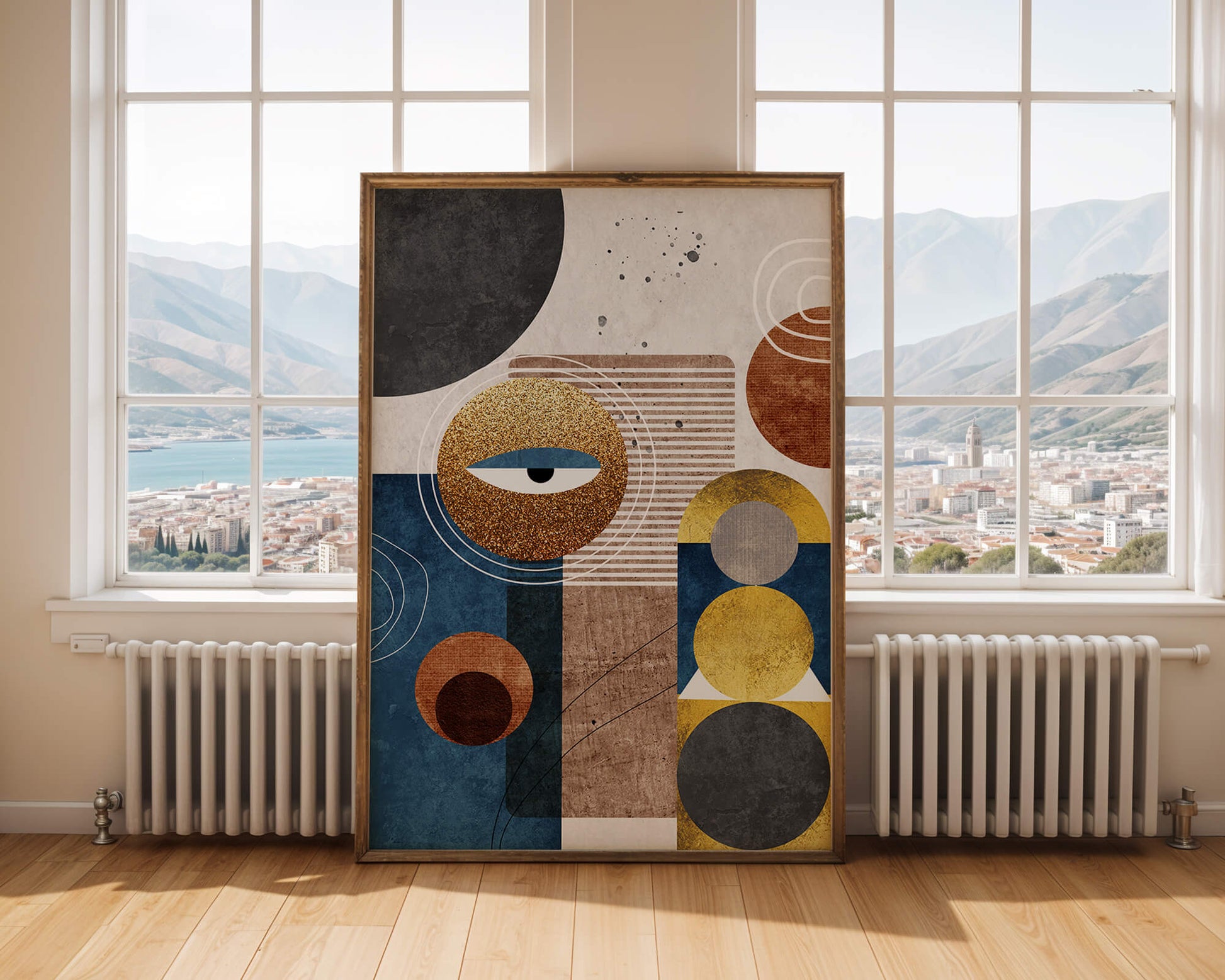 Abstract geometric artwork with gold and blue elements
