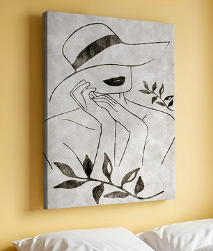 Abstract Woman in Hat with Minimalist Leaf Design