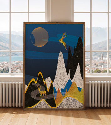 Abstract Landscape with Golden Deer and Surreal Moon