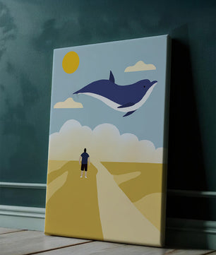 Surreal Landscape with Flying Blue Whale and Human on Desert Path