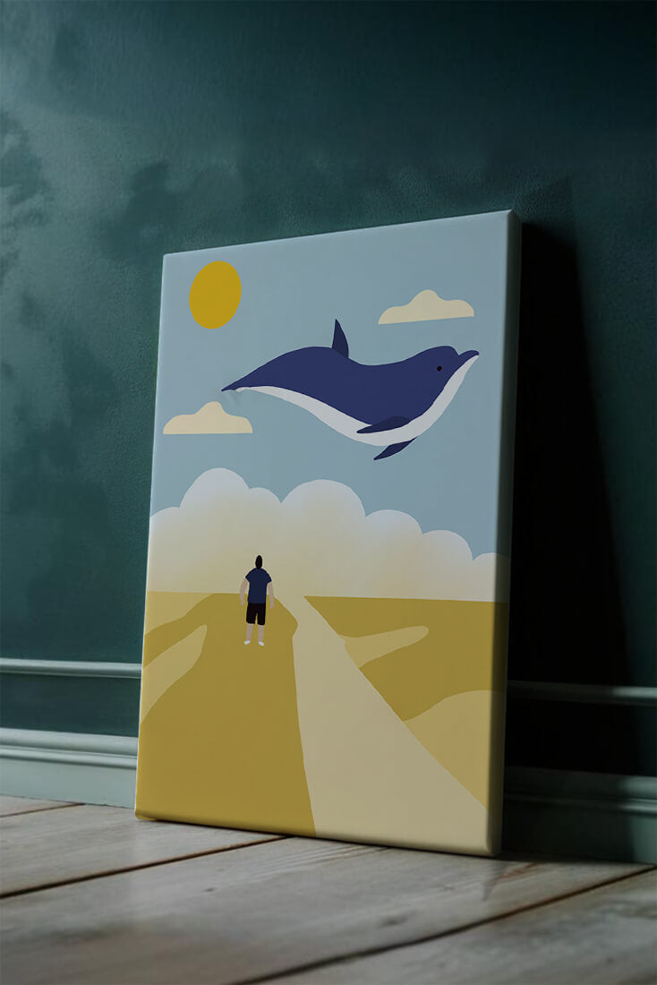 Paisaje surrealista con ballena azul voladora y humano en camino desértico