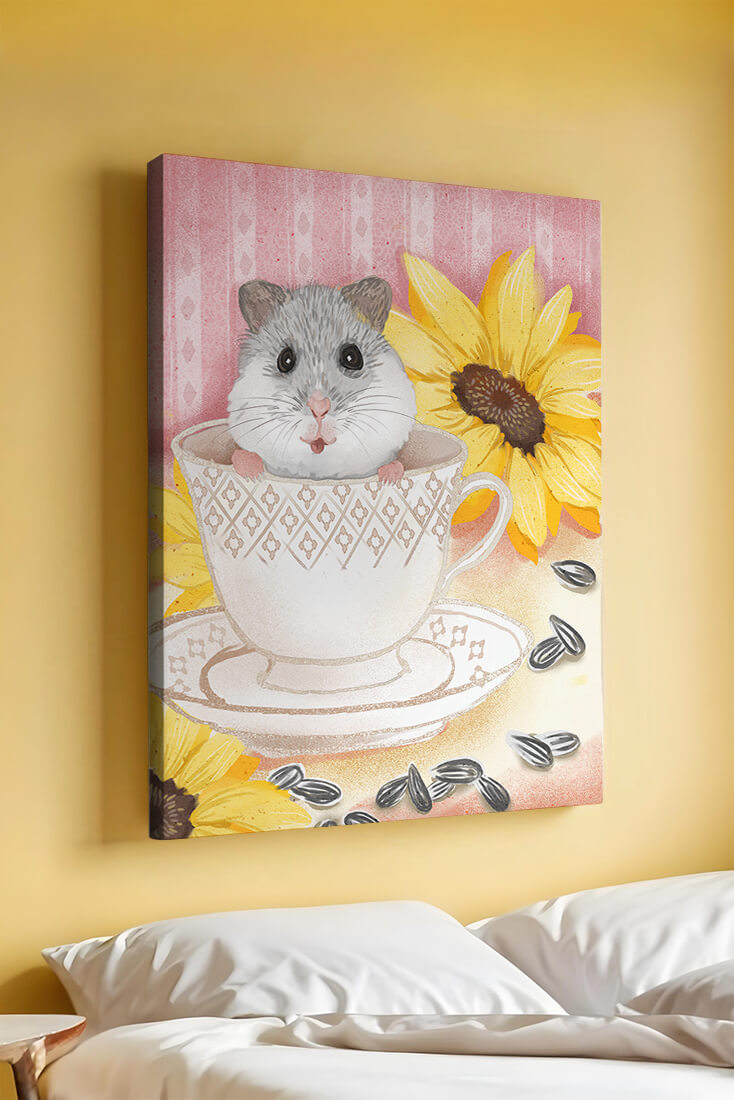 Adorable hamster in teacup with sunflowers and seeds