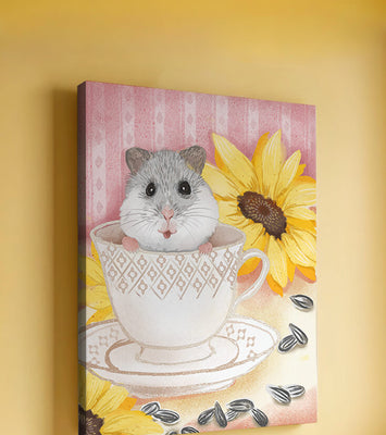 Adorable hamster in teacup with sunflowers and seeds