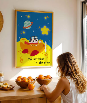 Colorful cartoon airplane with stars and planets in space